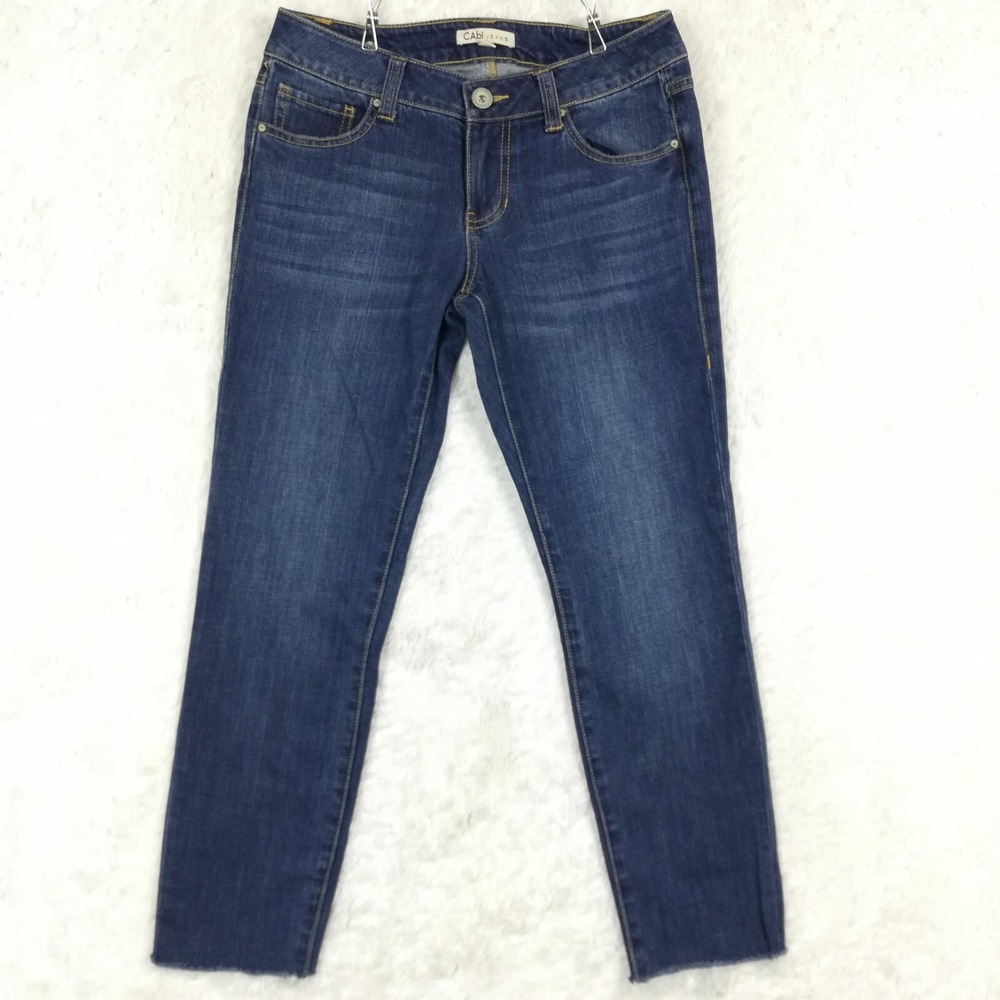 Cabi Womens Jeans Skinny Crop Blue Denim Whiskering Medium Wash Raw Hem 4